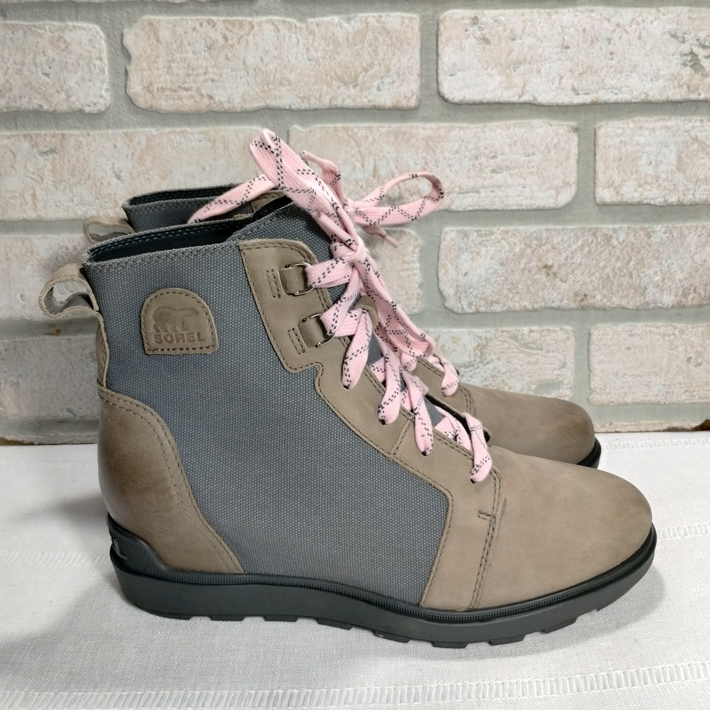Sorel Evie Lace Wedge Ankle Boots Women 10 Gray Casual Outdoor Gorpcore